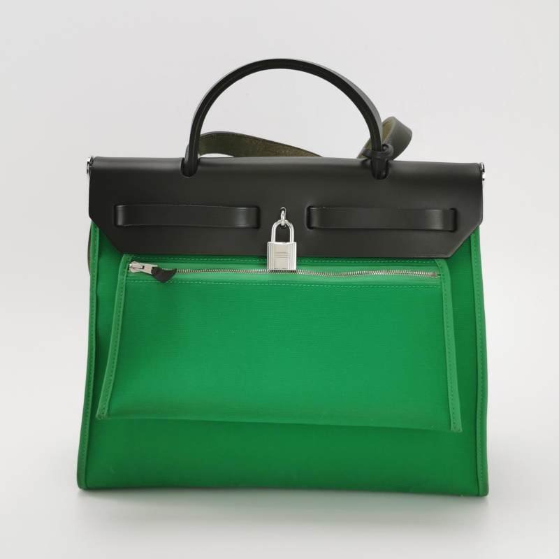 Hermes Herbag31馬鞍釘鎖扣斜挎包單肩包Hunter牛皮帆布銀扣89黑色1K竹子綠D刻-5