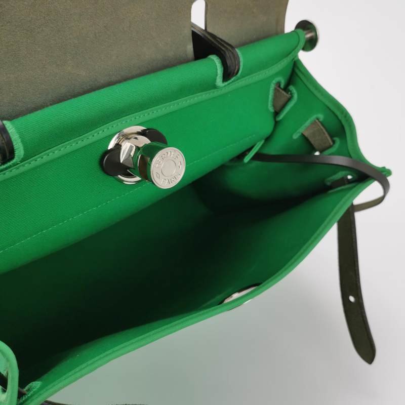 Hermes Herbag31馬鞍釘鎖扣斜挎包單肩包Hunter牛皮帆布銀扣89黑色1K竹子綠D刻-7