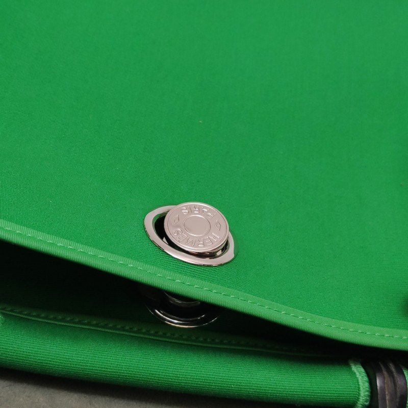 Hermes Herbag31馬鞍釘鎖扣斜挎包單肩包Hunter牛皮帆布銀扣89黑色1K竹子綠D刻-12