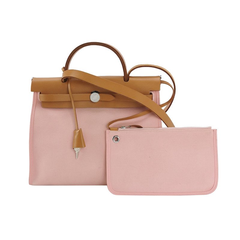 Hermes Herbag31斜挎包單肩包Hunter牛皮帆布銀扣粉色棕色T刻-0