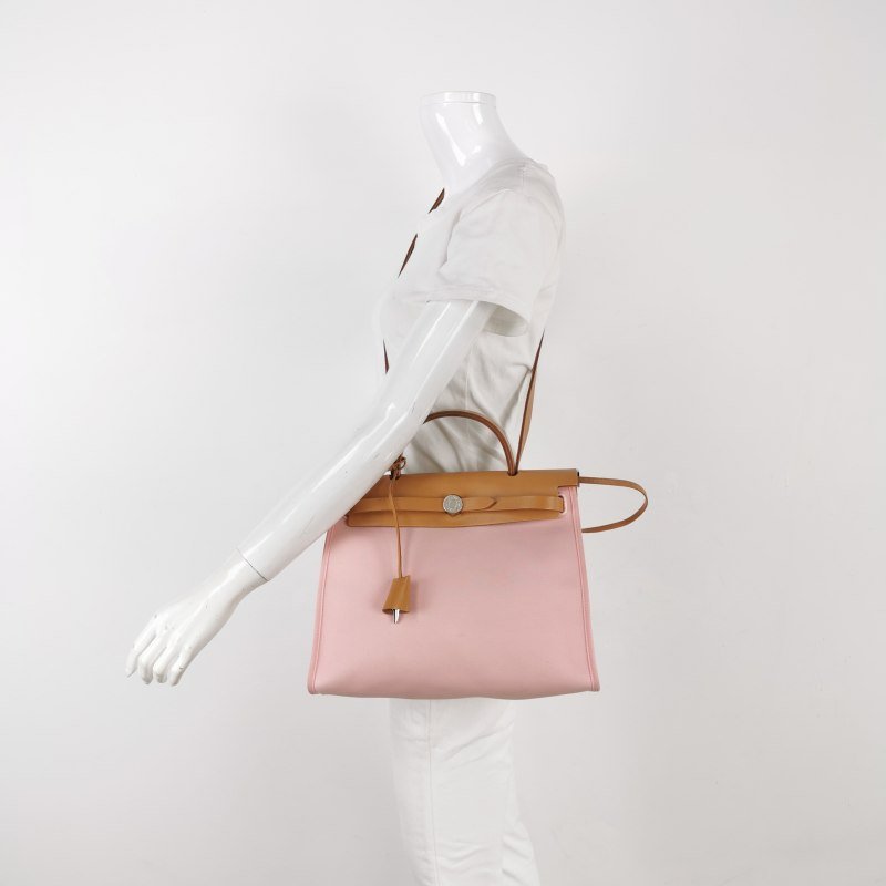 Hermes Herbag31斜挎包單肩包Hunter牛皮帆布銀扣粉色棕色T刻-1
