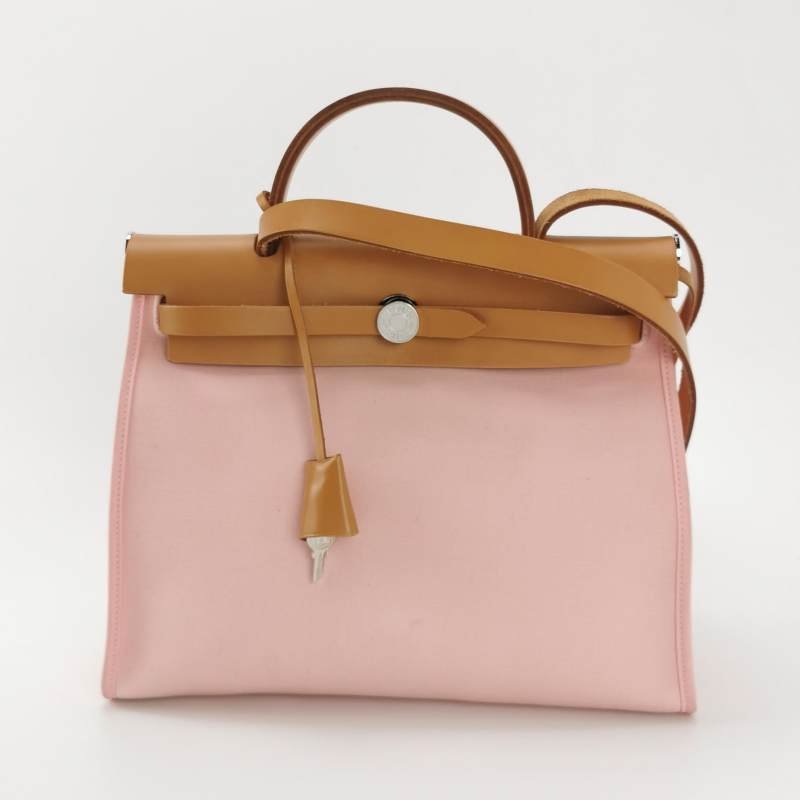 Hermes Herbag31斜挎包單肩包Hunter牛皮帆布銀扣粉色棕色T刻-2
