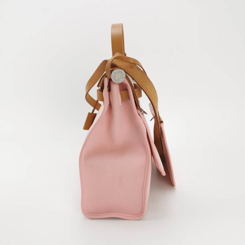 Hermes Herbag31斜挎包單肩包Hunter牛皮帆布銀扣粉色棕色T刻-3