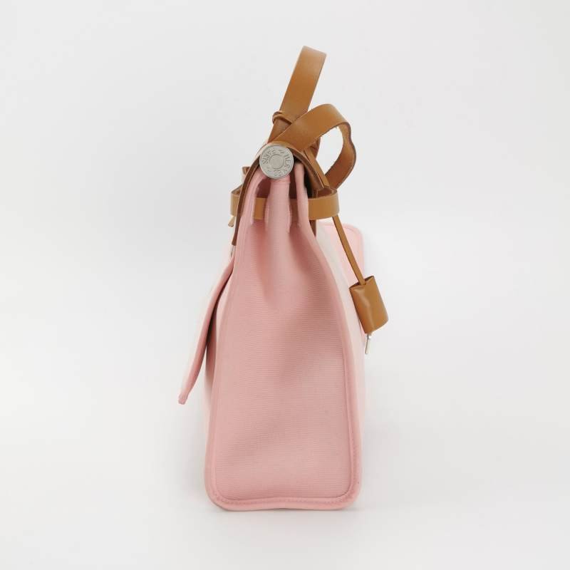 Hermes Herbag31斜挎包單肩包Hunter牛皮帆布銀扣粉色棕色T刻-4
