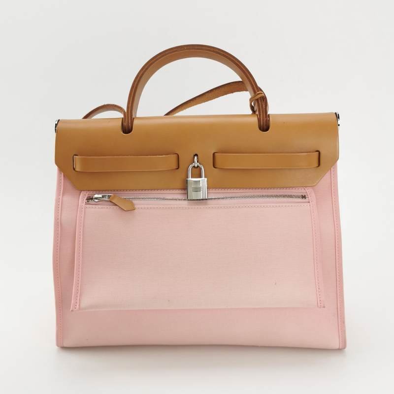 Hermes Herbag31斜挎包單肩包Hunter牛皮帆布銀扣粉色棕色T刻-5