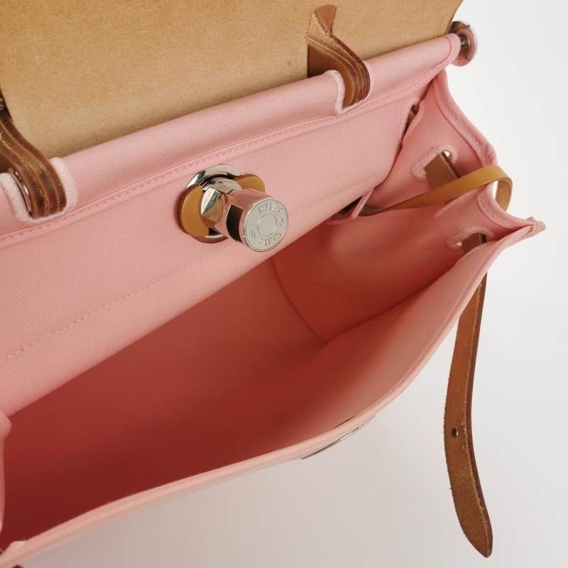 Hermes Herbag31斜挎包單肩包Hunter牛皮帆布銀扣粉色棕色T刻-7