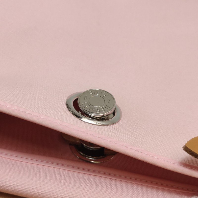 Hermes Herbag31斜挎包單肩包Hunter牛皮帆布銀扣粉色棕色T刻-11