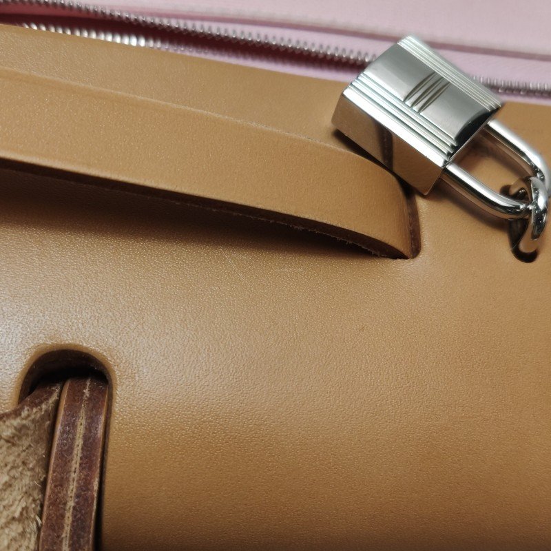 Hermes Herbag31斜挎包單肩包Hunter牛皮帆布銀扣粉色棕色T刻-23