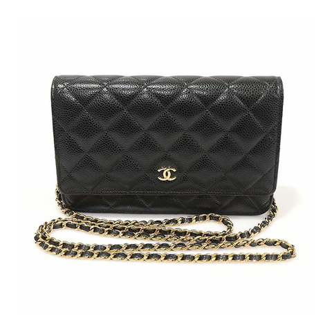 CHANEL 黑色魚子醬鍍金CC標誌WOC經典鏈皮夾斜背包AP0250