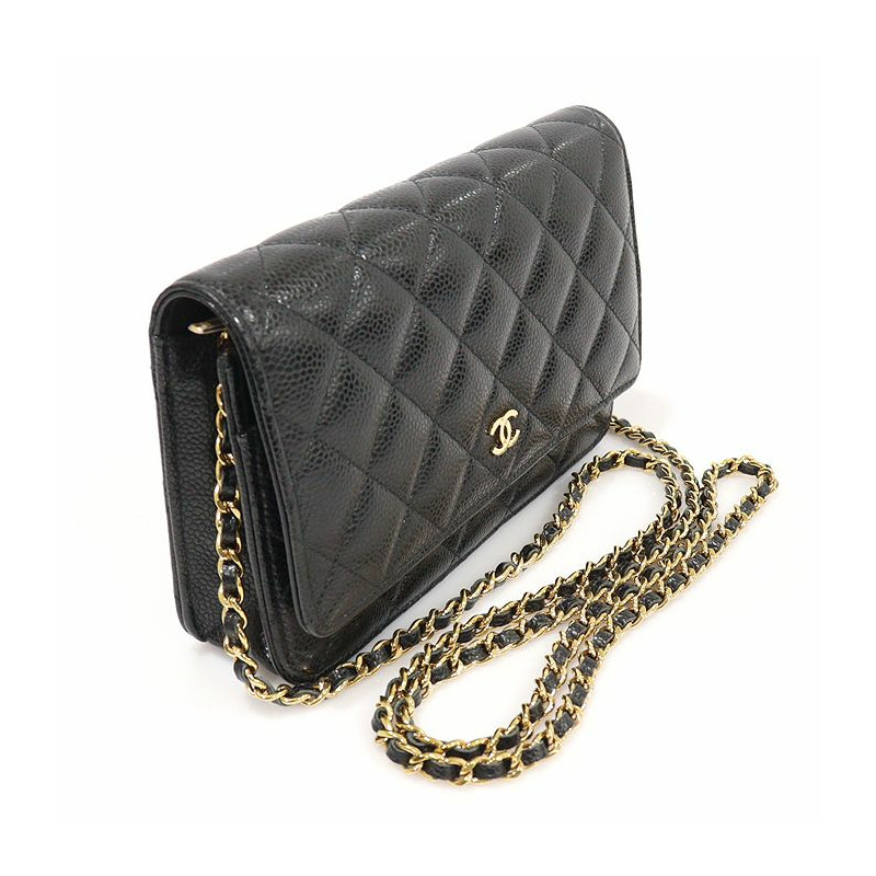 【包稅】CHANEL 黑色魚子醬鍍金CC標誌WOC經典鏈皮夾斜背包AP0250-2