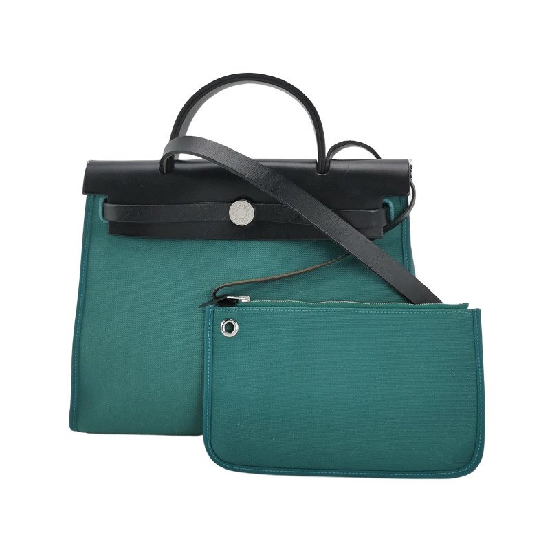 Hermes Herbag31斜挎包單肩包Hunter牛皮帆布銀扣Z6孔雀綠89黑色A刻-0