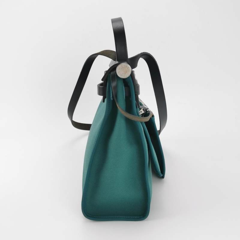 Hermes Herbag31斜挎包單肩包Hunter牛皮帆布銀扣Z6孔雀綠89黑色A刻-3