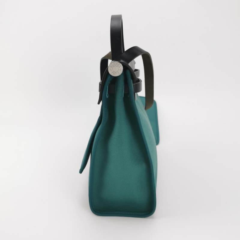 Hermes Herbag31斜挎包單肩包Hunter牛皮帆布銀扣Z6孔雀綠89黑色A刻-4