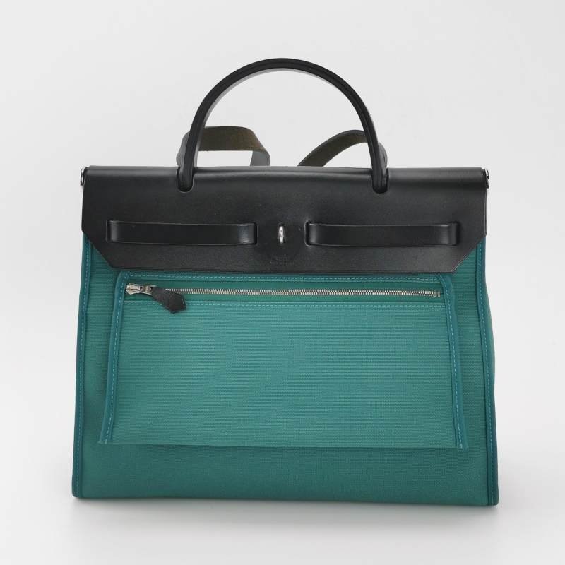 Hermes Herbag31斜挎包單肩包Hunter牛皮帆布銀扣Z6孔雀綠89黑色A刻-5