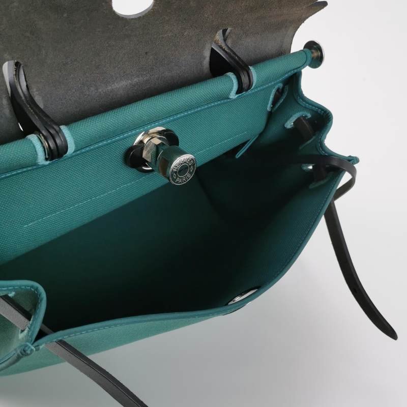 Hermes Herbag31斜挎包單肩包Hunter牛皮帆布銀扣Z6孔雀綠89黑色A刻-7