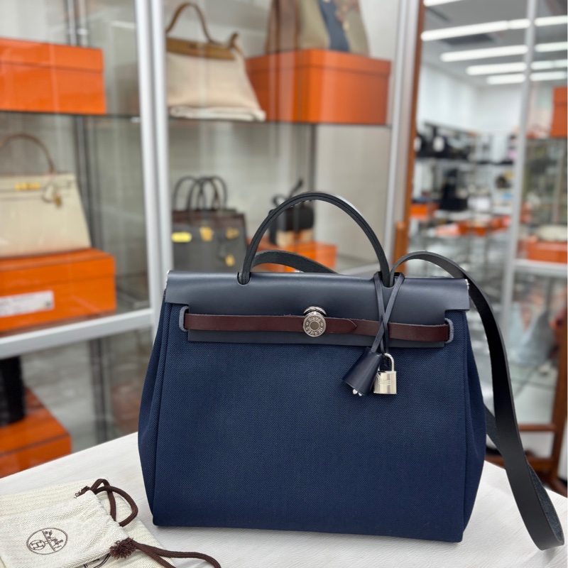 【98新】Hermes 海軍藍/黑色/靛藍/馬鞍紅Herbag31 B刻 手提單肩包-0
