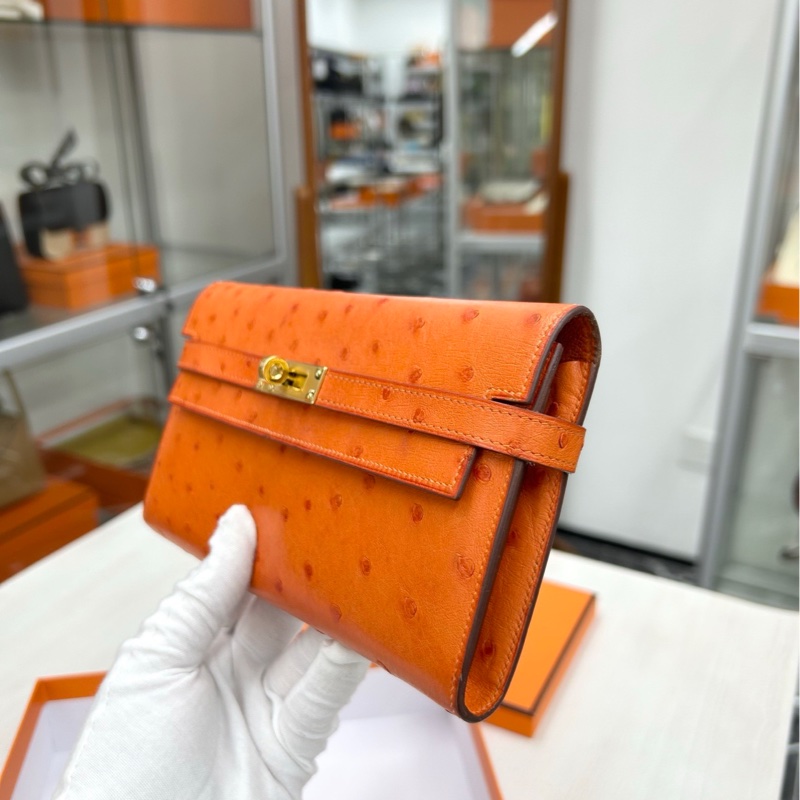 【98新】Hermes 橙色金扣鴕鳥皮Kelly長錢包 框M-2