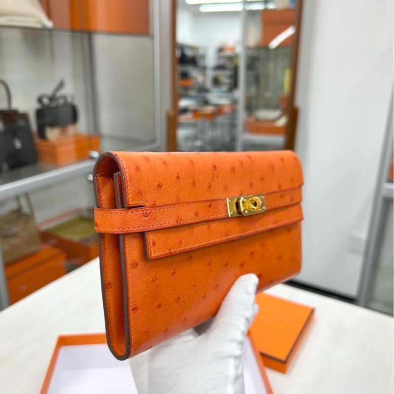【98新】Hermes 橙色金扣鴕鳥皮Kelly長錢包 框M-3
