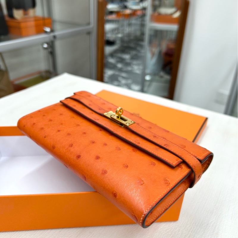 【98新】Hermes 橙色金扣鴕鳥皮Kelly長錢包 框M-5