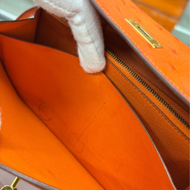 【98新】Hermes 橙色金扣鴕鳥皮Kelly長錢包 框M-8