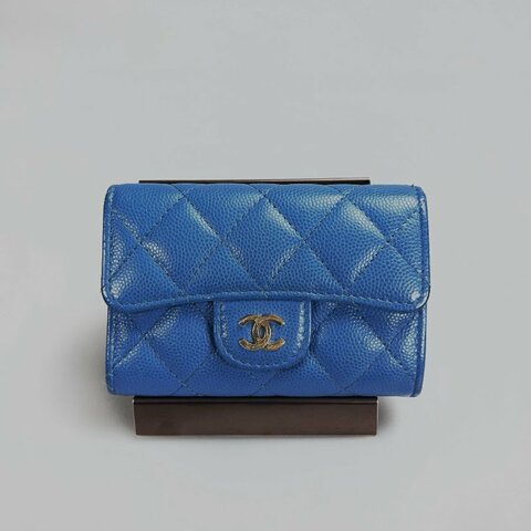 CHANEL CF荔枝單層卡包 藍色 31開