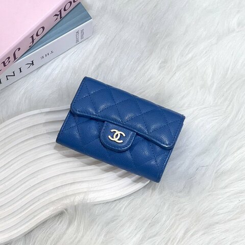 CHANEL CF荔枝單層卡包 藍色 31開