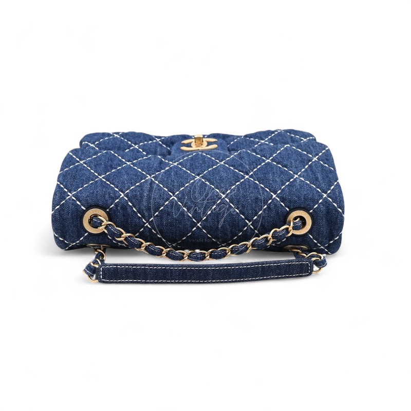 中古 Chanel 香奈兒 丹寧 深藍牛仔外縫線菱格紋CF 肩背 斜背 口蓋包 掀蓋包-3