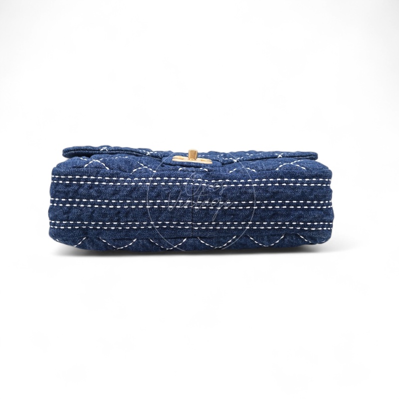 中古 Chanel 香奈兒 丹寧 深藍牛仔外縫線菱格紋CF 肩背 斜背 口蓋包 掀蓋包-4