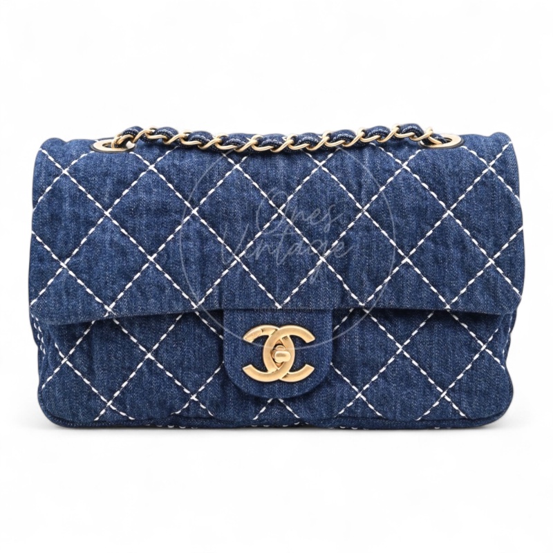 中古 Chanel 香奈兒 丹寧 深藍牛仔外縫線菱格紋CF 肩背 斜背 口蓋包 掀蓋包-5