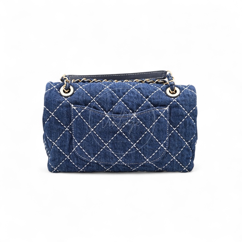 中古 Chanel 香奈兒 丹寧 深藍牛仔外縫線菱格紋CF 肩背 斜背 口蓋包 掀蓋包-6