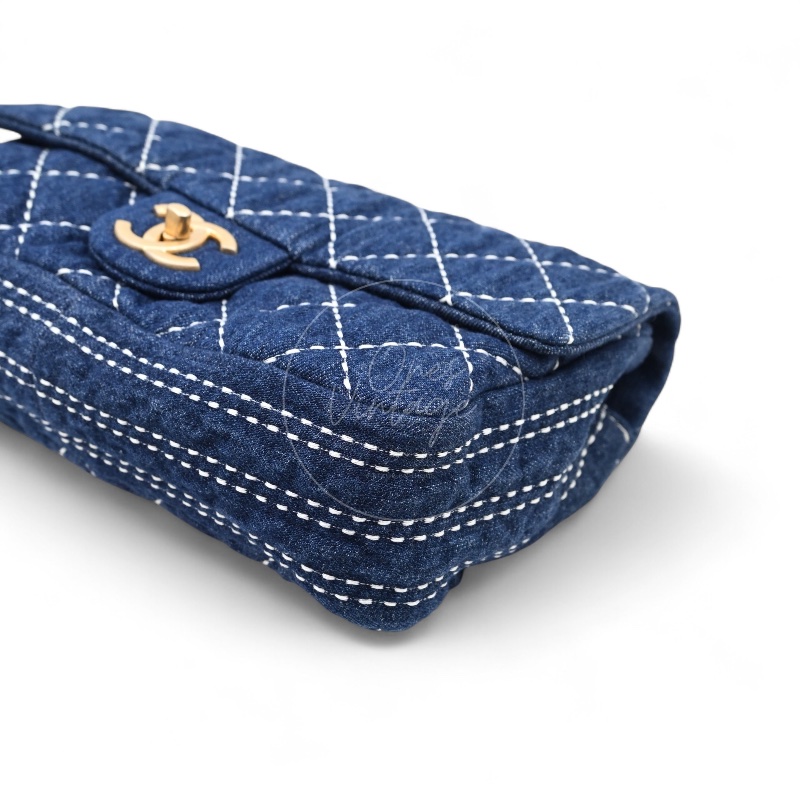 中古 Chanel 香奈兒 丹寧 深藍牛仔外縫線菱格紋CF 肩背 斜背 口蓋包 掀蓋包-9