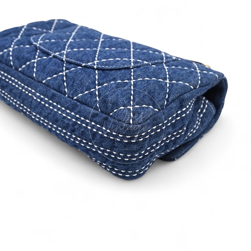 中古 Chanel 香奈兒 丹寧 深藍牛仔外縫線菱格紋CF 肩背 斜背 口蓋包 掀蓋包-11