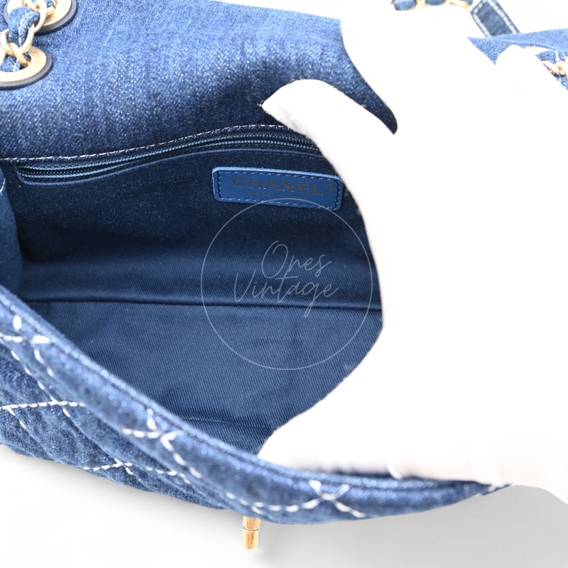 中古 Chanel 香奈兒 丹寧 深藍牛仔外縫線菱格紋CF 肩背 斜背 口蓋包 掀蓋包-15
