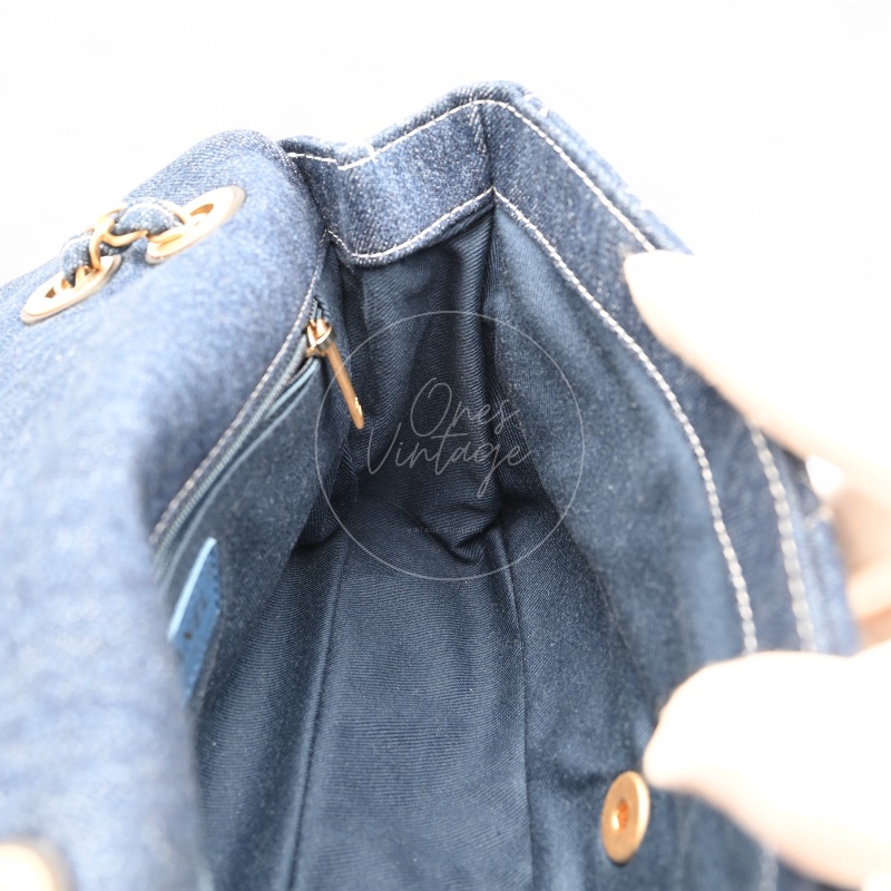 中古 Chanel 香奈兒 丹寧 深藍牛仔外縫線菱格紋CF 肩背 斜背 口蓋包 掀蓋包-16