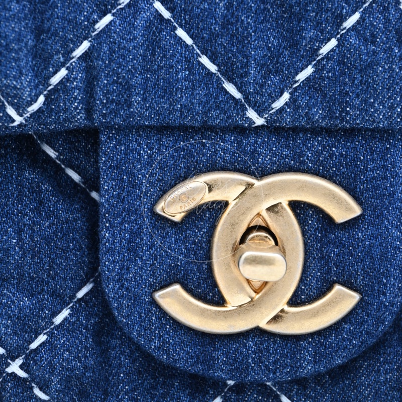 中古 Chanel 香奈兒 丹寧 深藍牛仔外縫線菱格紋CF 肩背 斜背 口蓋包 掀蓋包-20