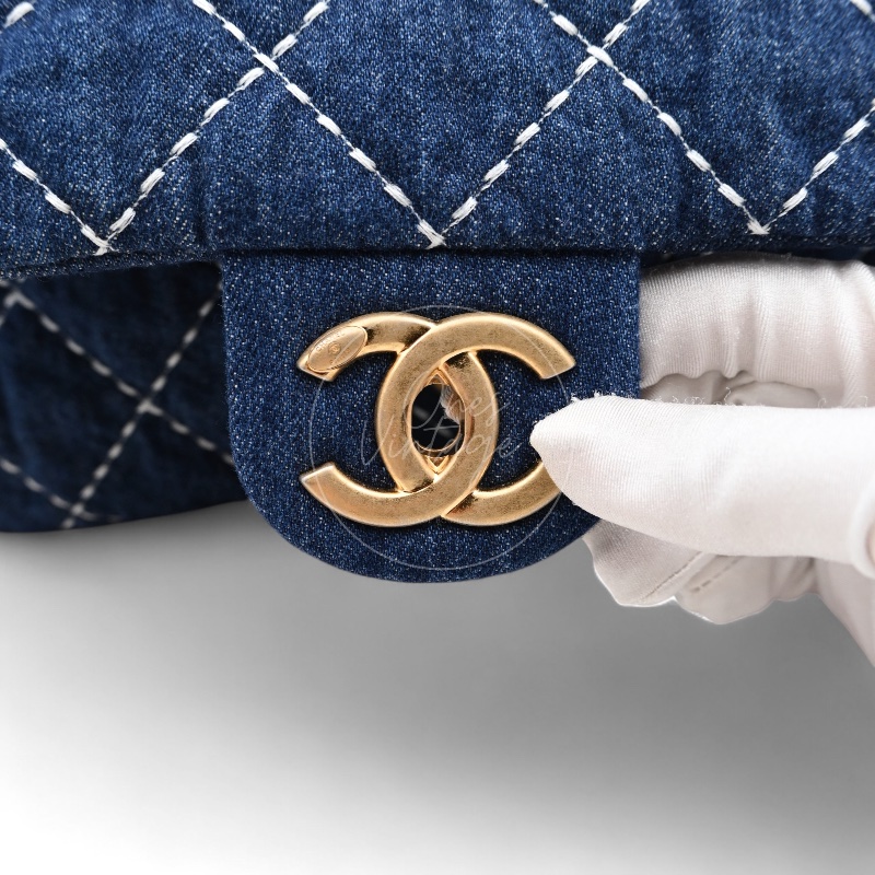 中古 Chanel 香奈兒 丹寧 深藍牛仔外縫線菱格紋CF 肩背 斜背 口蓋包 掀蓋包-21