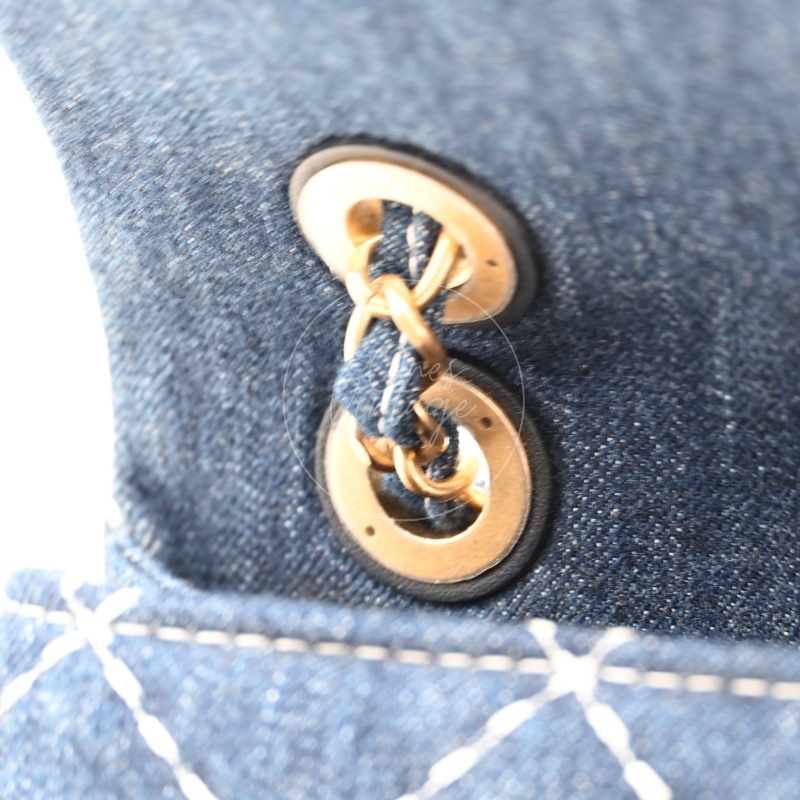 中古 Chanel 香奈兒 丹寧 深藍牛仔外縫線菱格紋CF 肩背 斜背 口蓋包 掀蓋包-23