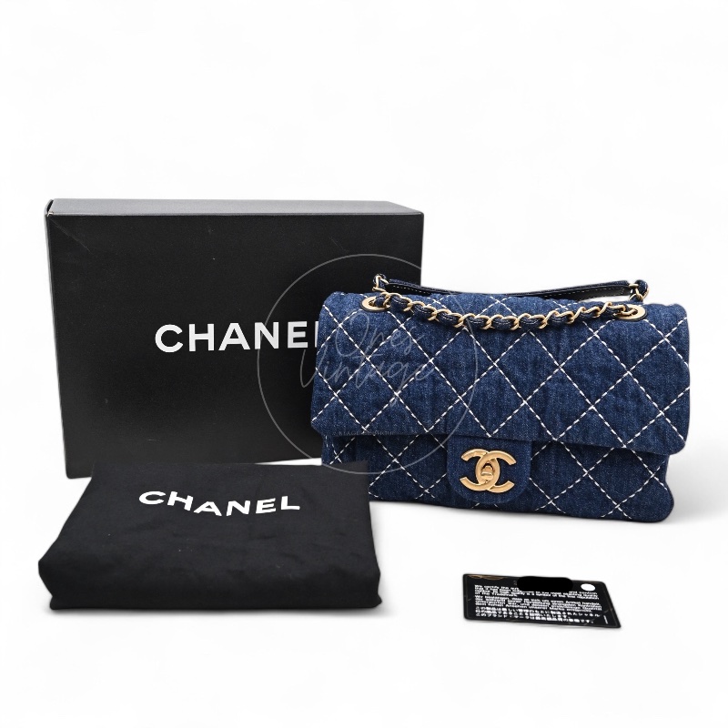 中古 Chanel 香奈兒 丹寧 深藍牛仔外縫線菱格紋CF 肩背 斜背 口蓋包 掀蓋包-26
