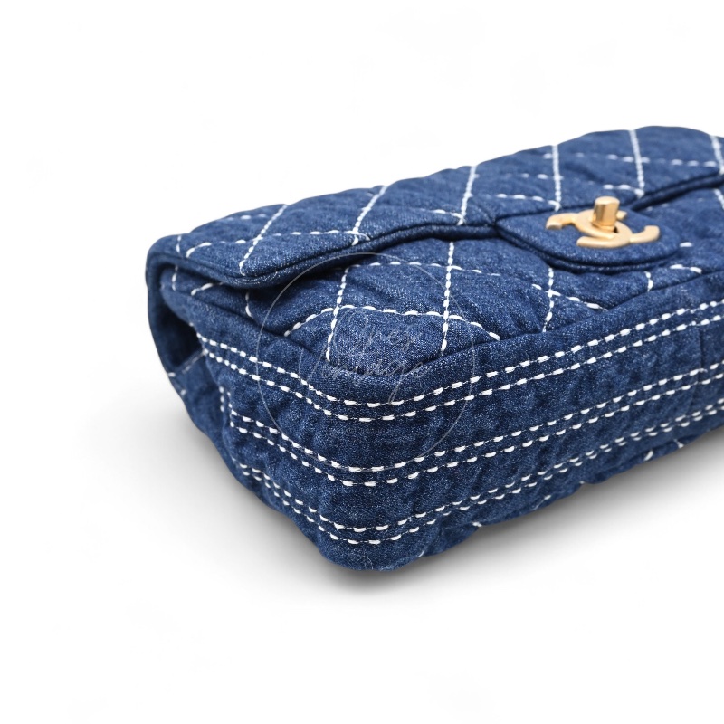 中古 Chanel 香奈兒 丹寧 深藍牛仔外縫線菱格紋CF 肩背 斜背 口蓋包 掀蓋包-27