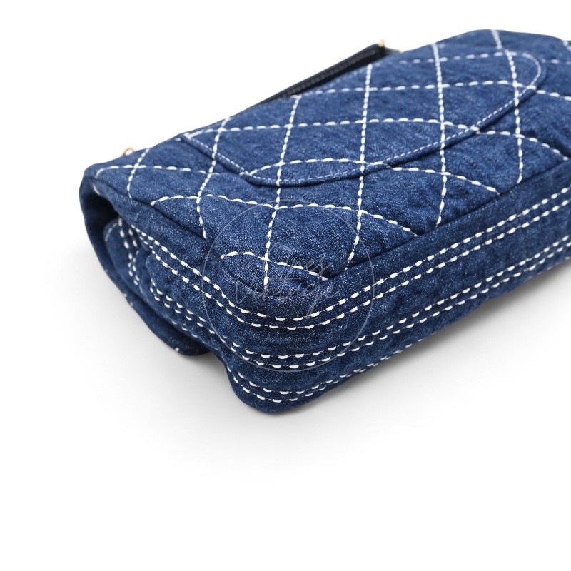 中古 Chanel 香奈兒 丹寧 深藍牛仔外縫線菱格紋CF 肩背 斜背 口蓋包 掀蓋包-30