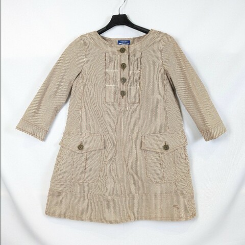 莉亞精品♡Burberry 褐白相間橫條大口袋洋裝 尺碼36 二手美品