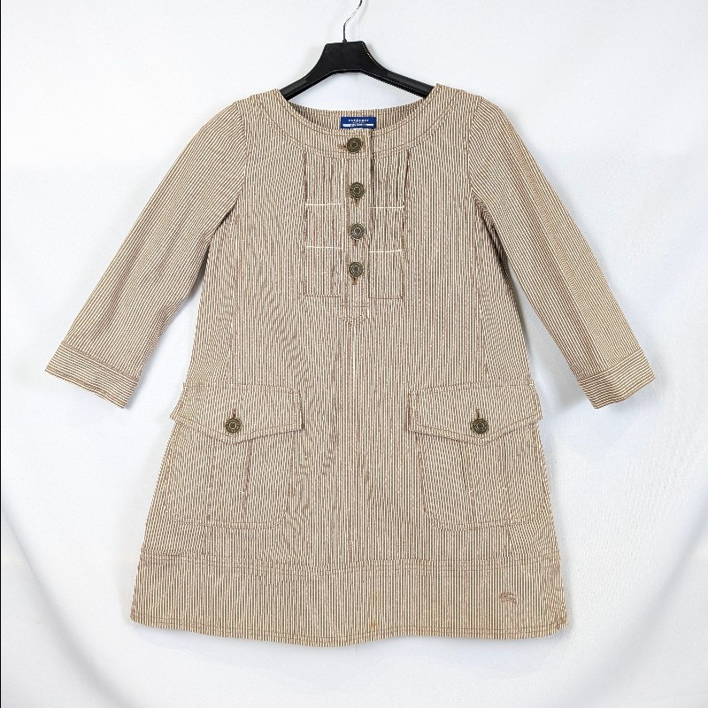莉亞精品♡Burberry 褐白相間橫條大口袋洋裝 尺碼36 二手美品-0
