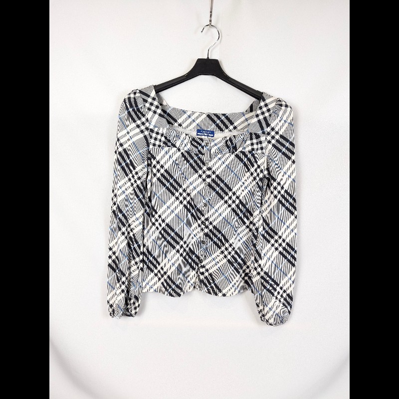 莉亞精品♡burberry 藍斜格紋平口上衣 尺碼38 二手美品-0