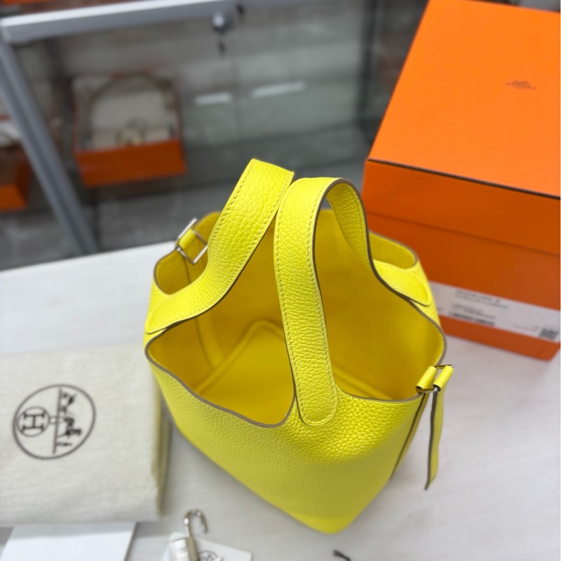 【全新閒置】 Hermes 0Y檸檬酒黃18菜籃子 B刻 tc 手提包-4