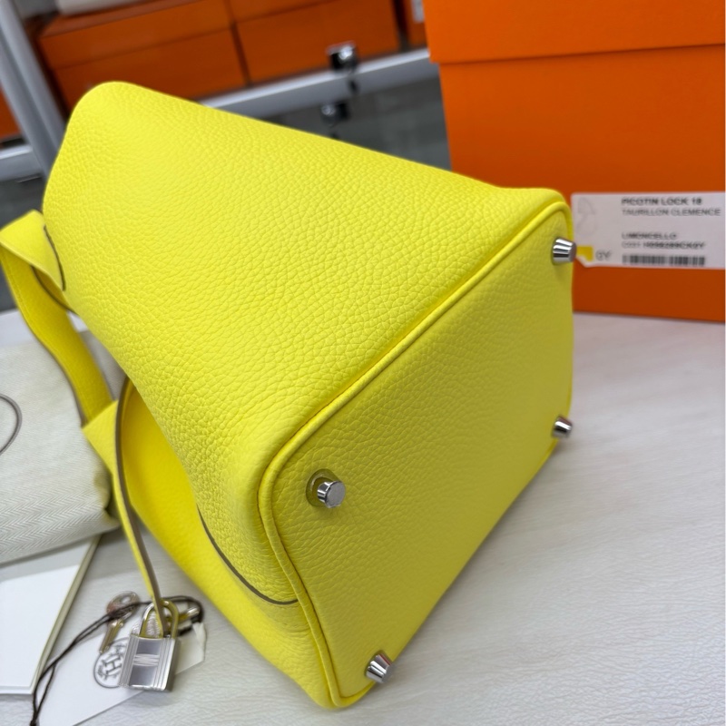 【全新閒置】 Hermes 0Y檸檬酒黃18菜籃子 B刻 tc 手提包-5