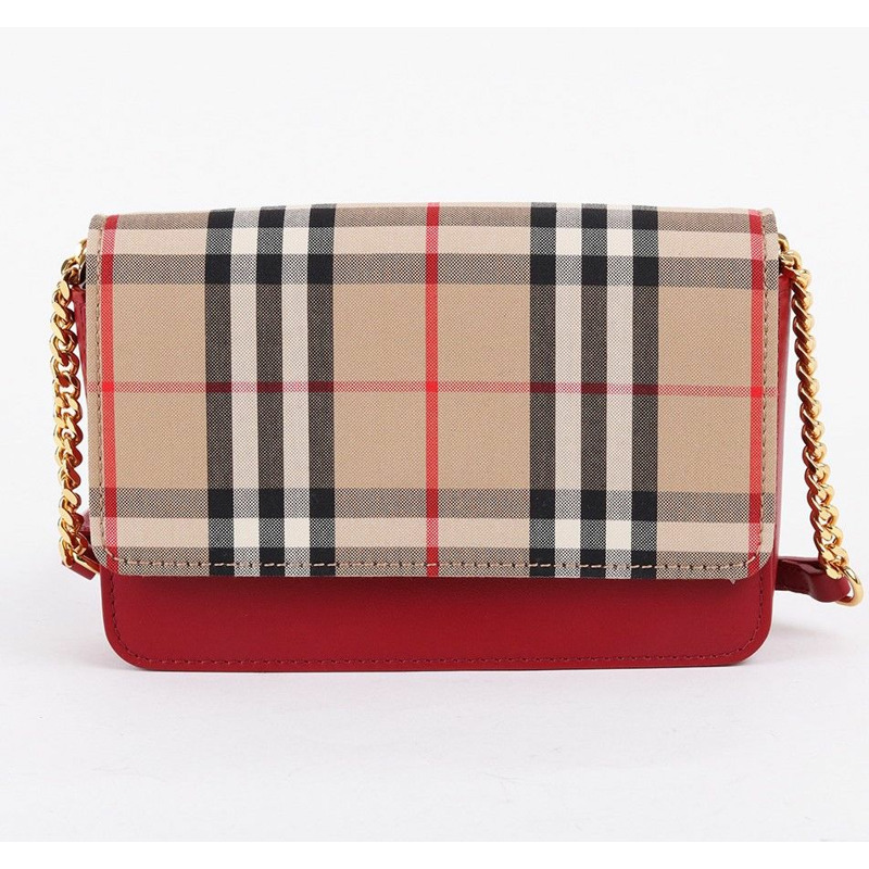 【包稅】BURBERRY 復古格紋紅色迷你鏈條單肩包-0