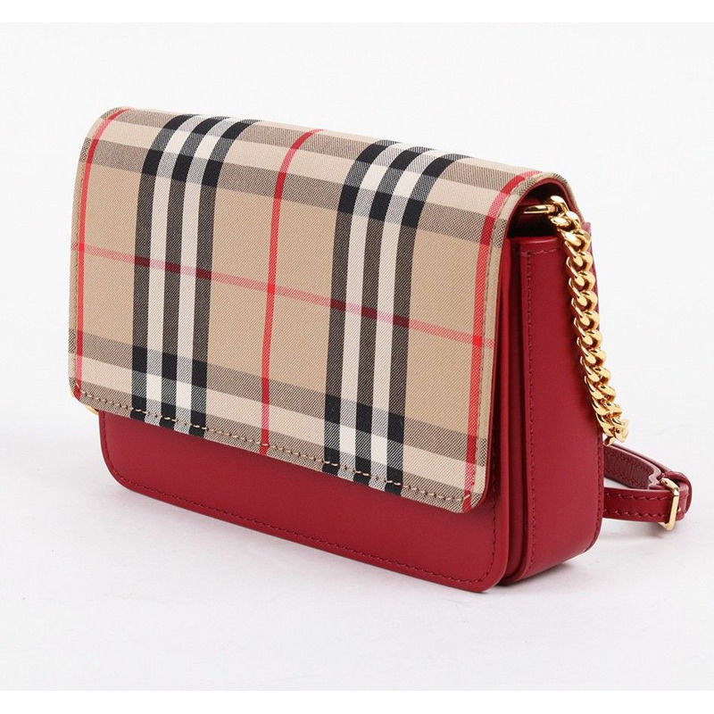 【包稅】BURBERRY 復古格紋紅色迷你鏈條單肩包-1