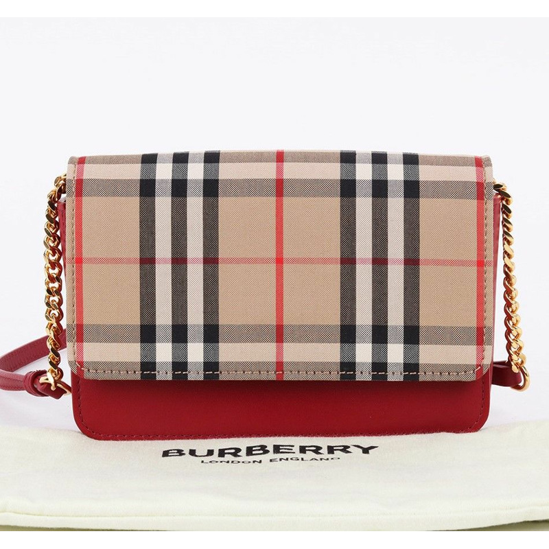 【包稅】BURBERRY 復古格紋紅色迷你鏈條單肩包-9