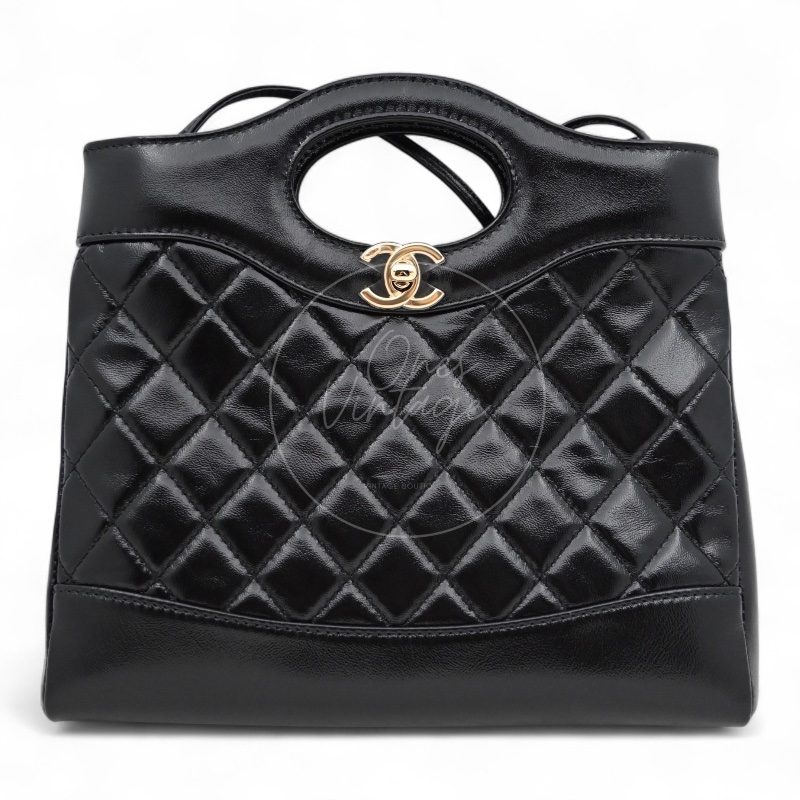 中古 CHANEL 香奈兒 31Bag 金扣鏈帶肩背袋 Mini 22cm 牛皮皮革 黑色 晶片開 金扣 菱格紋-1