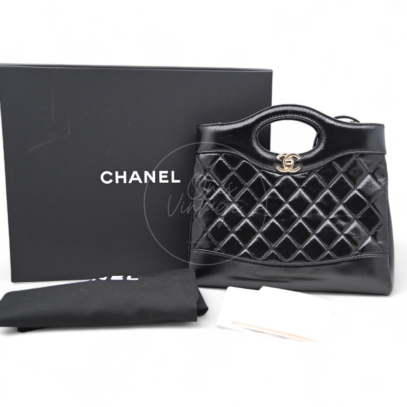 中古 CHANEL 香奈兒 31Bag 金扣鏈帶肩背袋 Mini 22cm 牛皮皮革 黑色 晶片開 金扣 菱格紋-24